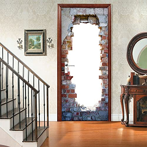 A.Monamour Türtapete Selbstklebend Türfolie Türposter 3D EIN Loch In Der Roten Backsteinmauer Textur Vinyl Folie Türdeko Tapete Wandbild Türaufkleber Türtattoo 85 x 200 cm