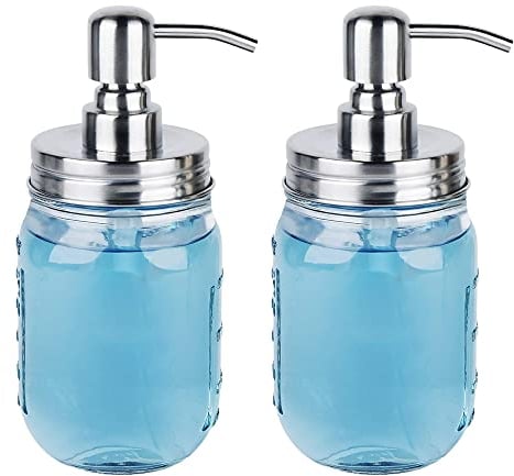 2er Pack 16oz Einmachglas Seifenspender Glas, 480ml Nachfüllbar Klarglas Seifenspender mit Rostfreiem Edelstahl Pumpe für Spülmittel, Shampoo und Lotion, Flüssigseifenspender für Küche, Badezimmer