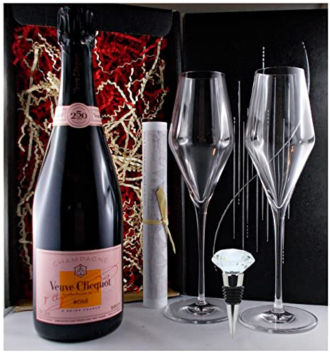 Geschenk Champagner Veuve Clicquot Rosè + Flaschenverschluß + 2 Champagnergläser