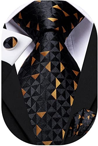 Hi-Tie Krawatten für Herren, Seidenkrawatte, Einstecktuch, Manschettenknöpfe, Hochzeit, formelle Party, Geschenk für Männer, Schwarz / Gold kariert, M