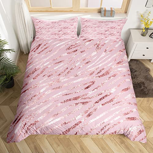 Rose Gold Zebra Bedding Set Single Pink Animal Print Duvet Cover Super King For Girls Gradient Glitter Comforter Cover For Women Ombre Sequins Bed Set Woodland Wildlife Bed Cover No Comforter