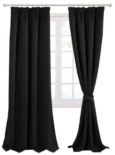 Hiasan Blackout Curtains for Bedroom Black Curtain Pencil Pleat Living Room Curtains & Drapes 46 x 90 Inch 2 Panels with Tiebacks