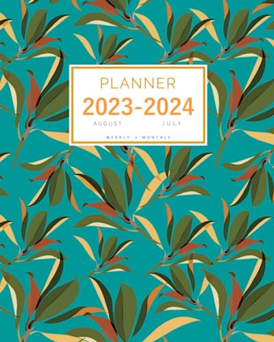 Planner August 2023-2024 July: 8x10 Weekly and Monthly Organizer Large | Abstract Leaf Pattern Design Teal