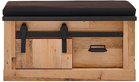 Garderoben Bank Sitzbank in Used Wood hell und anthrazit/grau mit Stauraum inklusive Sitzkissen Flur Diele im industriellen Stil 93 x 46 cm Stove (Sitzbank inkl. Kissen)