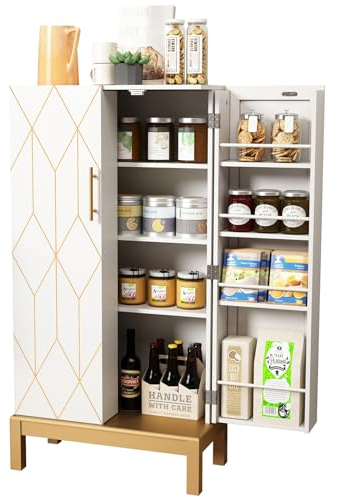 HOLTICO Pantry Cupboard, Freestanding Cabinet With Doors & Adjustable Shelves - White & Gold, For Kitchen, Bathroom, Living Room