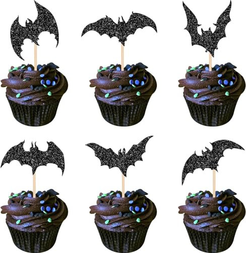 30 Stück Halloween Bat Tortendeko Glitzer Schwarz Bat Halloween Cupcake Toppers Happy Halloween Kuchen Deko für Baby Dusche Kinder Geburtstag Party Torte Dekorationen