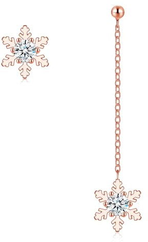 Josfeva Weihnachten Ohrringe Silber Hängend, 925 Sterling Silber Asymmetrische Schneeflocken Ohrstecker Mit Weiß Zirkonia, Rosegold Damen Hypoallergen Lange Quaste Ohrhänger