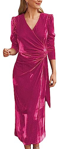 Womens Casual Wrap V Neck Velvet Dress Long Sleeve Velvet Bodycon Midi Dress Christmas Cocktail Party Wedding Maxi Dress (Rose Red, M)