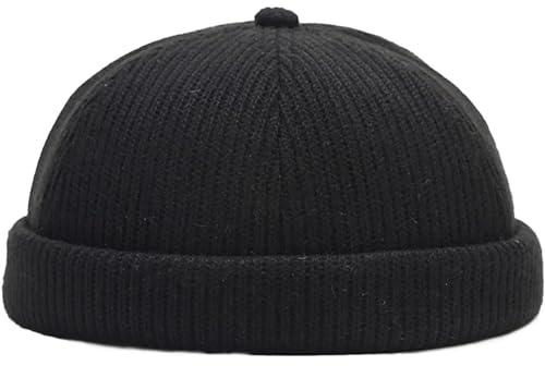 Wedhapy Beanies Hüte Docker Mütze Warme verstellbare Kuppel Docker Mütze Strickmütze ohne Krempe Vintage Stil Wintermütze Roll Up Rand Schädelkappe für Herren Schwarz