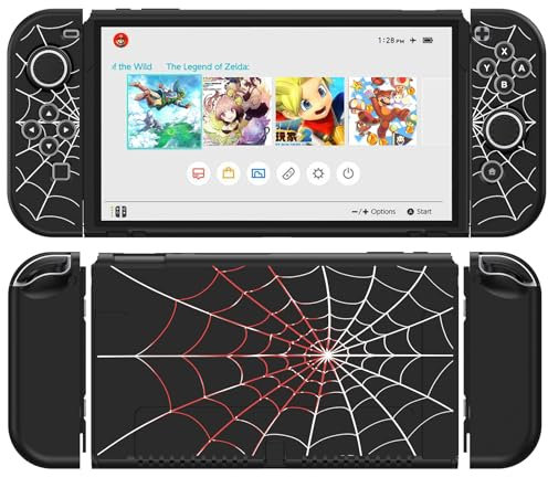 JINGDU Protective Case Compatible with Nintendo Switch OLED 2021, TPU Case Accessory for Switch Console and Grip Joy-Con, Switch Protector with 4 Thumb Grips, Black Spider Web