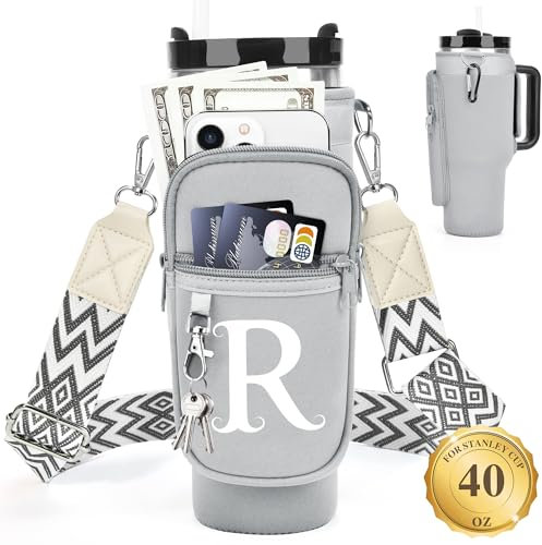 Initial Water Bottle Holder with Upgrade Strap for Stanley 40 oz Tumbler, Gift for Mother's Day, Women's Day gifts with Phone Pocket, Carabiner, Personalized Accessories for Stanley Cup, Grey - R