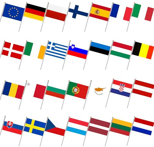 28 Stück Kurbelflaggen der Europäischen Union für Nationalfeiertag, Party, Paraden, Handflagge, Sportveranstaltungen, Dekoration von Bars Flaggen Europäische Union, Wimpelkette