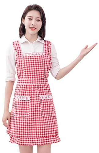 DAZZLUXE 1 Küchenschürze, Süße Taschenschürze, Damen-Koch- Und Backschürze, Damen-Gartenschürze, Weiße Spitzenschürze, Verstellbare Faltenschürze (Rot)