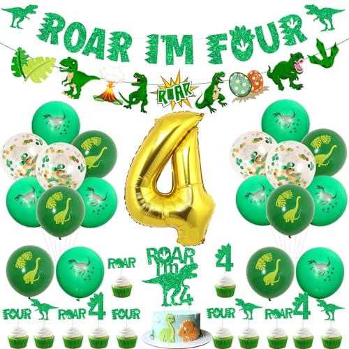 Sursurprise Dinosaur 4th Birthday Decorations, Dinosaur Roar I’m Four Banner Cake Topper, Number 4 Balloon, Green Jungle Animals 4 Year Old Birthday Party Supplies for Boys