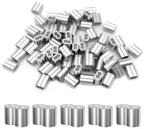 Lot de 60 boucles à sertir en aluminium - Serre-câbles - Double manchons de serrage - 5 mm - Pour câble en caoutchouc, en acier, corde extensible