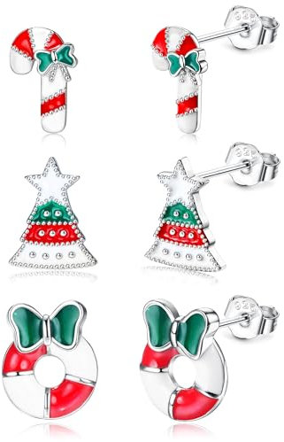 CASSIECA 3 Paare Silber Weihnachten Ohrringe für Damen Mädchen Hypoallergen Ohrstecker Weihnachten Set Weihnachtsmann Schneeflocke Weihnachtsbaum Ohrringe Weihnachtsschmuck (Geschenk Box)