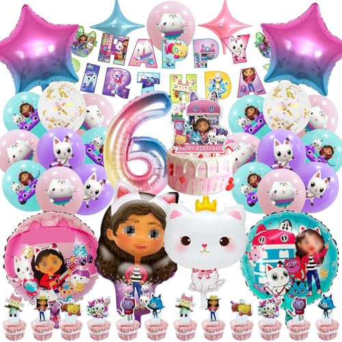 51 Stück Gabys Dolhouse Geburtstagsdeko 6 Jahre Mädchen, Gabys Dolhouse Geburtstag Party Set, Kindergeburtstag Ballons Set, Party Deko Geburtstag Set für Kinder (6)