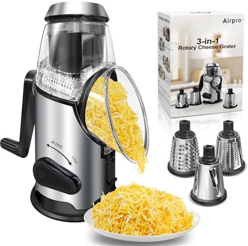 Airpro Râpe à fromage rotative avec poignée, râpe à légumes, 3 lames