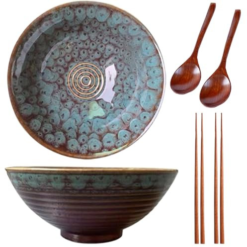 2 * 1200ML Ramen Schüssel Set,Schüssel Keramik,Ramen Bowl(Ramen Set Mit Ramenlöffel,Essstäbchen),Suppenschalen Set für Nudelschüssel,Snack,Salatschüssel,Große Schüssel(Pfauenschwanz)