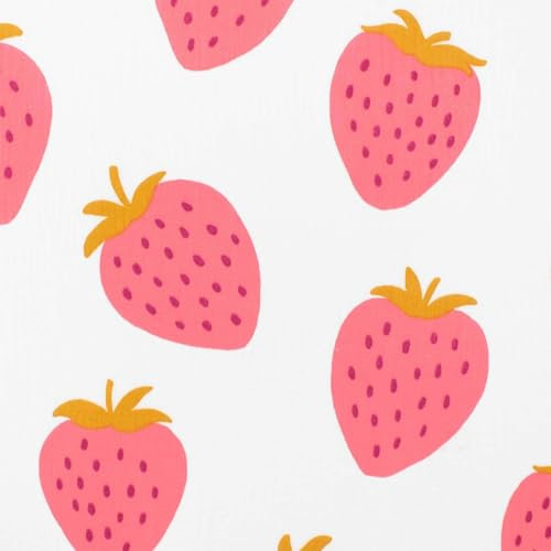 Musselin Stoff Erdbeeren, Double Gauze, Stoff zum Nähen, weiß (Länge am Stück: ab 50cm / Breite: 135cm)