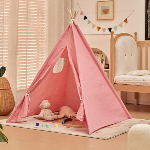 Kindertipi Spielzelt, Tipi Zelt für Kinder, Zelt Kinderzimmer Deko, Indoor Spielzimmer, Spielzelt für Mädchen & Jungen, Baumwolle und Hanf,Ohne gepolsterte Decke (1.1 m,Rosa)