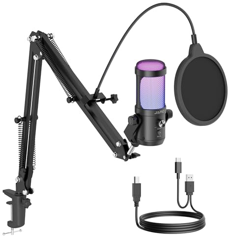 JARO USB 192kHz/24bit Cardioid Condenser Microphone with Boom Arm Pop Filter Mute Noise Reduction RGB for Gaming Podcast Streaming Youtube Zoom Recording [Compatible with PC Laptop Mac PS4/5], J100-CB