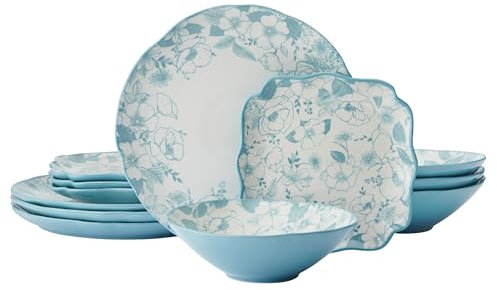 Pfaltzgraff Garden Blossom Floral 12 Piece Plate Bowl Dinnerware Set, Blue