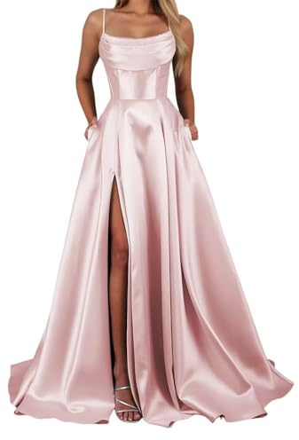YIANN Robe de bal en satin à bretelles spaghetti pour femme avec fente corset longue robe de soirée formelle, rose, 36