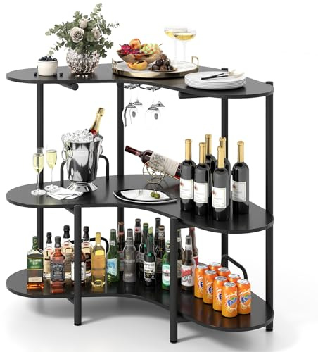COSTWAY Bartisch Küche, 3 Ebenen Hausbar, Küchentheke mit Glashalter, Theke Bar mit Metallrahmen, Minibar Weinbarschrank, verstellbare Füße, 120 x 66 x 102 cm (Schwarz)