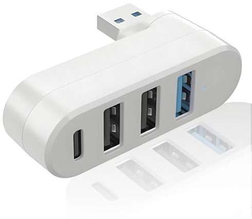 4 Port USB 3.0 Hub, Splitter mit 3 Ports und 1 USB-C Power/Data Port, 90°/180° Grad drehbar, Extender für Laptop Desktop PC