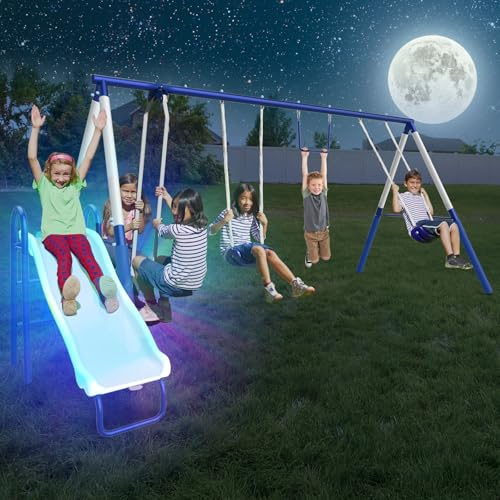 Sportspower Arcadia Star Burst Ensemble de balançoire en métal robuste pour enfants âgés de 3 à 8 ans avec toboggan lumineux à DEL, balançoires et trapèze