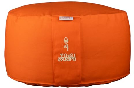 Yogimudra Yogakissen rund 33x20cm – Meditationskissen mit Bio-Dinkelfüllung aus Deutschland, waschbarer Bezug aus 100 % Baumwolle, mit Tragegriff, Kordelzug, Flap & Inlett mit Reißverschluss (Orange)