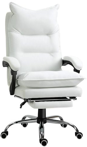 Vinsetto Fauteuil de Bureau, Chaise Bureau Ergonomique en Similicuir avec Large Assise rembourrée, Dossier inclinable, Hauteur réglable, accoudoirs et Repose-Pied intégrés, Charge 135 Kg, Blanc