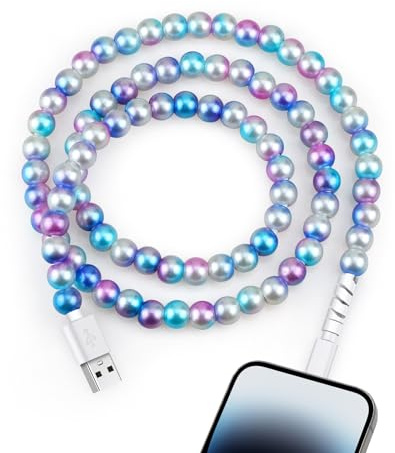 Vunake for iPhone Charger Cable 3A 60W Fast Charging Cables 1M Colorful Beaded Phone Charging Cable for Girls Women for iPhone 14 Pro Max 13 12-Pink lake Blue