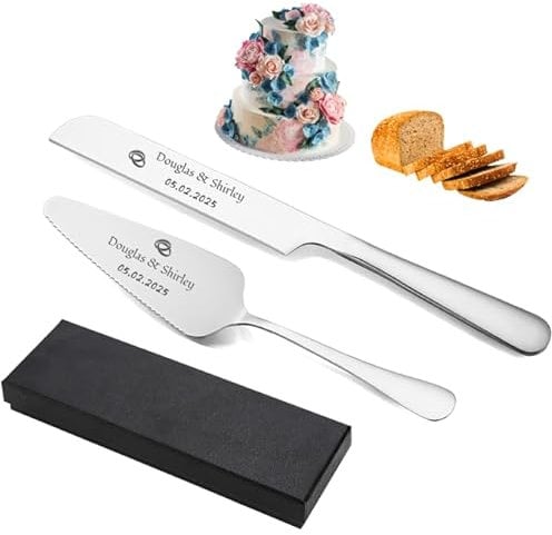 Custom Cake Knife and Server Set with Personalized Engraving Elegant Stainless Steel Cake Cutting Tools for Wedding Anniversary Birthday Add Your Icon & Text