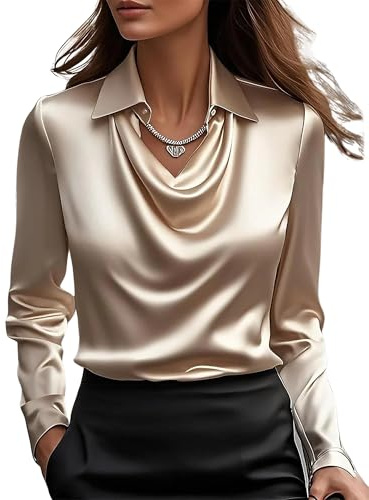 LLECDASEUI Chemisier en Satin élégant à col bénitier pour Femmes, Chemise de Travail de Bureau à Manches Longues, Haut en Soie (Champagne,M)