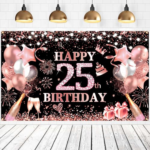 25.Geburtstag Banner Geburtstag Dekoration Hintergrund Banner Roségold Schwarz 25 Happy Birthday Dekor Fotografie Hintergrund Poster Mädchen Damen Party Deko Supplies (70.8 x 43.3Zoll)