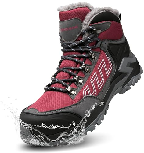 KOIFISH Botas de seguridad para Mujer Invierno Impermeable Zapatos de Seguridad Punta Compuesta Antideslizante Antiestático Botas de Trabajo con Forro Térmico Rojo 41