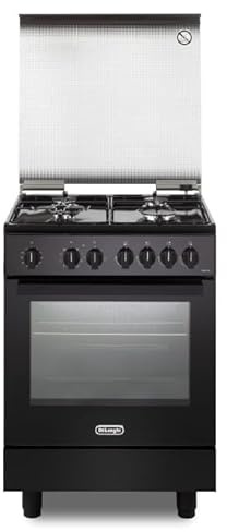 De'Longhi DMN 64 LSG Cucina A Gas, 60 Cm, Forno Elettrico Multifunzione, 4 Fuochi, Colore Nero Mat, Manopole Soft Touch, Easy Steam, Idroclean, Classe Energetica A