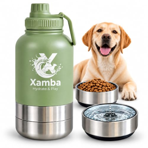 Xamba 3-in-1 Dog Travel Water Bottle 32oz (1000ml) – Stainless Steel Leak-Proof Pet Water Bottle with Detachable Food & Water Bowls for Walking, Hiking & Travel (Sage Green)