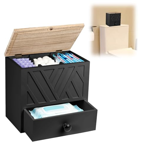 GAESHOW Tampon Holder for Bathroom, Sanitary Towel Holder with Drawers, Wood Bathroom Feminine Product Organizer with Lid, Sanitary Towel & Pad Storage Box for Pads, Tampons, Liners