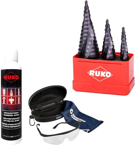 RUKO Stufenbohrer HSS-TiAlN, spiralgenutet mit Kreuzanschliff, Titan-Aluminium-Nitrit-Beschichtung, hohe Schnittleistung, 3-teilig, inkl. Spray & Schutzbrille