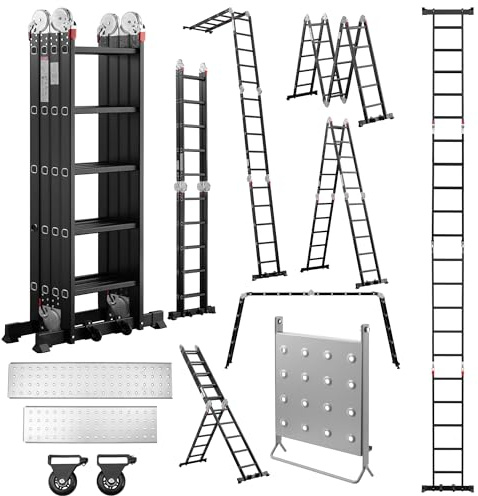 TEENO 7-in-1-Multifunktionsleiter, 5,8 m, 4 x 5 Stufen, Klappleiter aus Aluminium mit 2 Plattformen, Gummifüße, 2 abnehmbare Räder, Arbeitshalterung für Leiter, Traglast 150 kg, Schwarz