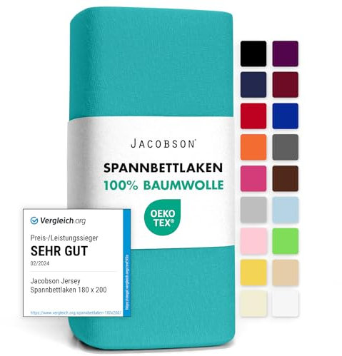 Jacobson Jersey Spannbettlaken Spannbetttuch Baumwolle Bettlaken (120x200-130x200 cm, Türkis)