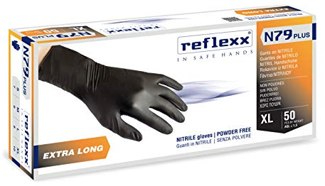 Reflexx N79p/L Extra long, 30 cm, sans poudre Gants en nitrile Gr7.7, grande taille, Noir (Lot de 50)
