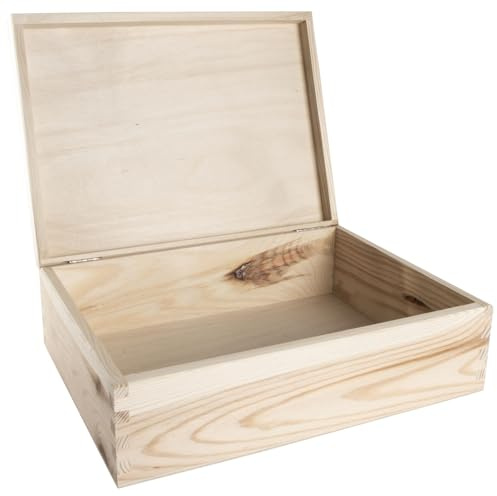 WooDeeDoo Wooden A4 Storage Box with Hinged Lid – 34 x 25 x 10 cm – Unfinished Rectangular Pine Box for Paper Documents Stationery Art Supplies Craft Tools Scrapbooking Custom Decoration