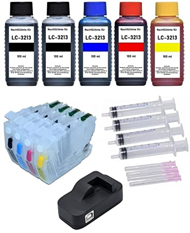 Patronenprofis Wiederbefüllbare Druckerpatronen kompatibel mit LC-3211, LC-3213 Black, Cyan, Magenta, Yellow mit resetbaren Chips + USB Chipresetter + 500 ml Nachfülltinte