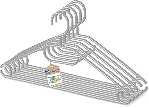 KADAX Kleiderbügel aus Kunststoff, 5 Stück, 360°drehbarer Haken, eingekerbte Schultern, Hosensteg, platzsparende, rutschfeste, Garderobenbügel für Hemd, Hosen, Rock, Jackenbügel (Grau)