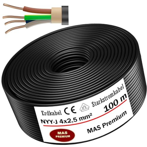Câble d'alimentation de terre NYY-J, disponible en 5, 10, 15, 20, 25, 30, 35, 40, 50, 60, 70, 75, 80, 90 ou 100 m, 4 x 2,5 mm², électrique, avec anneau, pour pose en extérieur, en sous-sol, 100 m