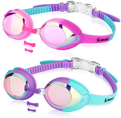 Keary Lot de 2 lunettes de natation pour enfants, filles, garçons, jeunes, anti-buée, imperméables, anti-UV, verres plats, lunettes de piscine avec 3 pinces, roses